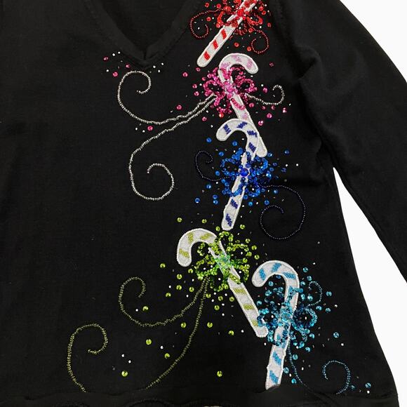 Michael Simon Vintage Christmas Sweater | Candy Canes, Holiday Black Ramie Blend - Picture 2 of 6